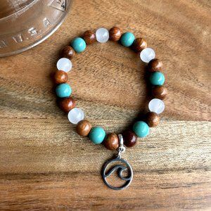 Hand Crafted Rosewood and Glass 8MM Bead Bracelet with Wave, 7"